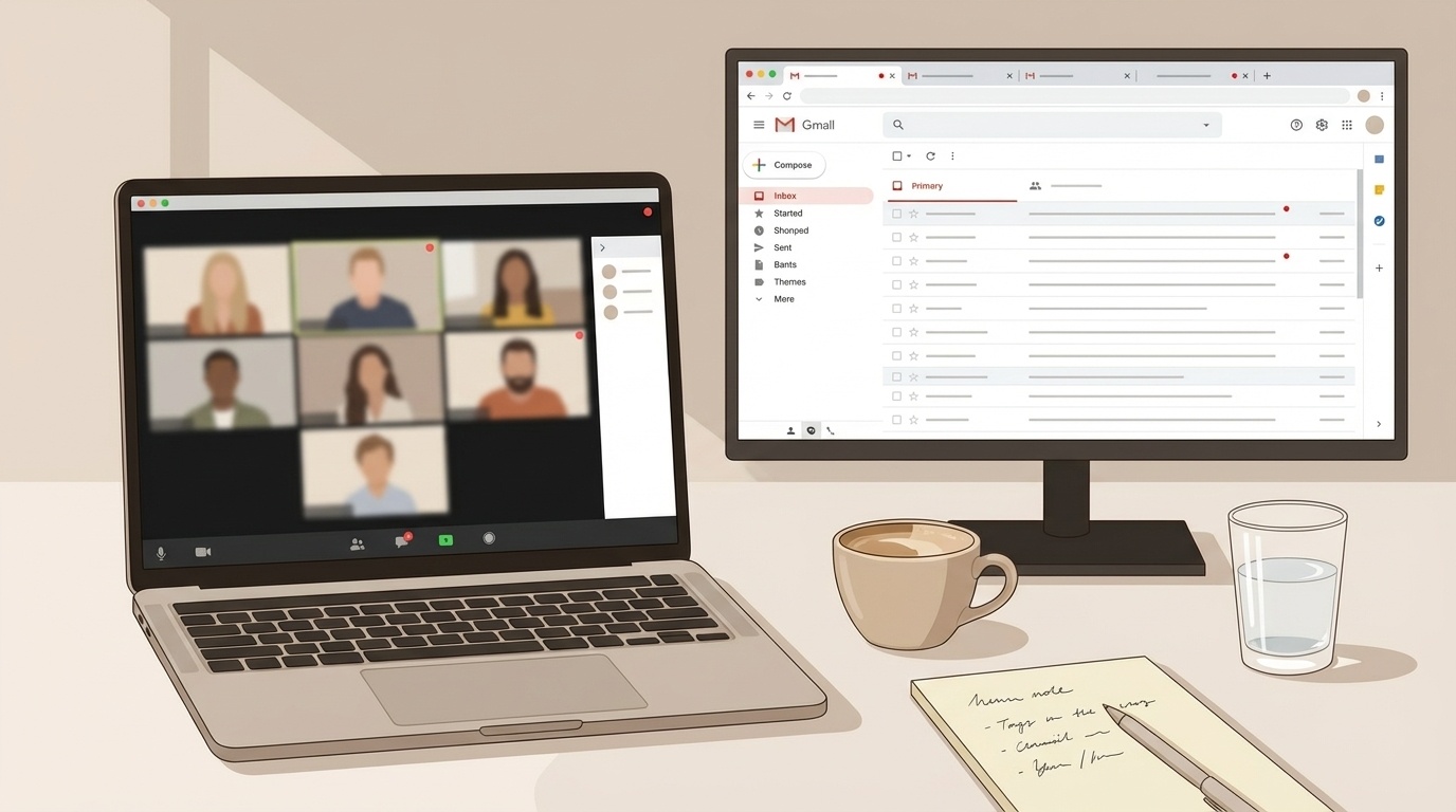 Overwhelmed desk with notifications and stress