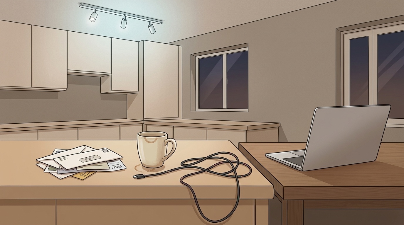 Cluttered counter creating visual stress cues