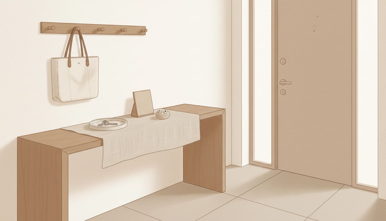 Organized entryway with tray and hooks