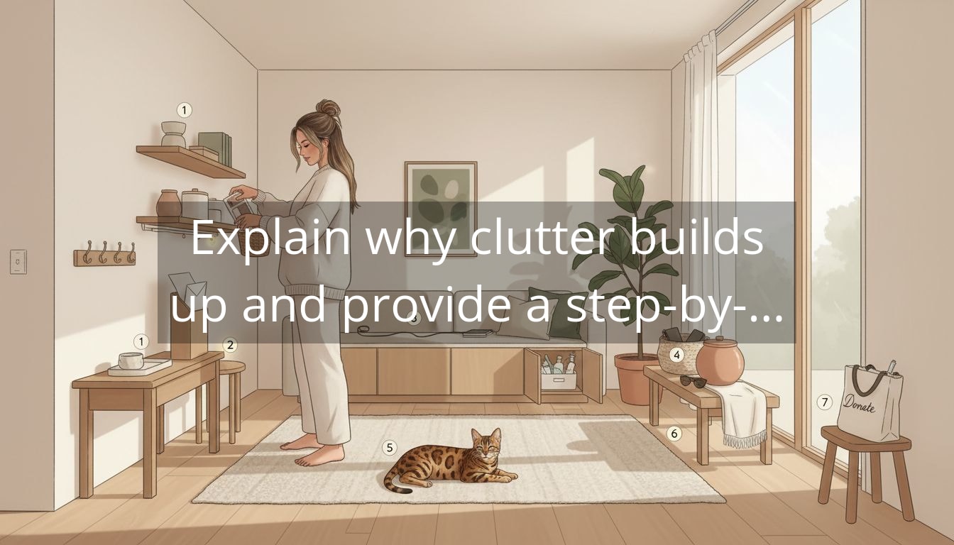 Explain why clutter builds up and provide a step-by-step decluttering process