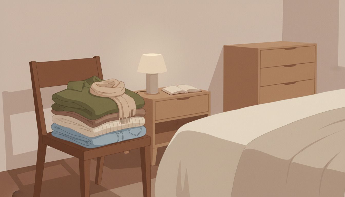 Bedroom chair piled with laundry at night