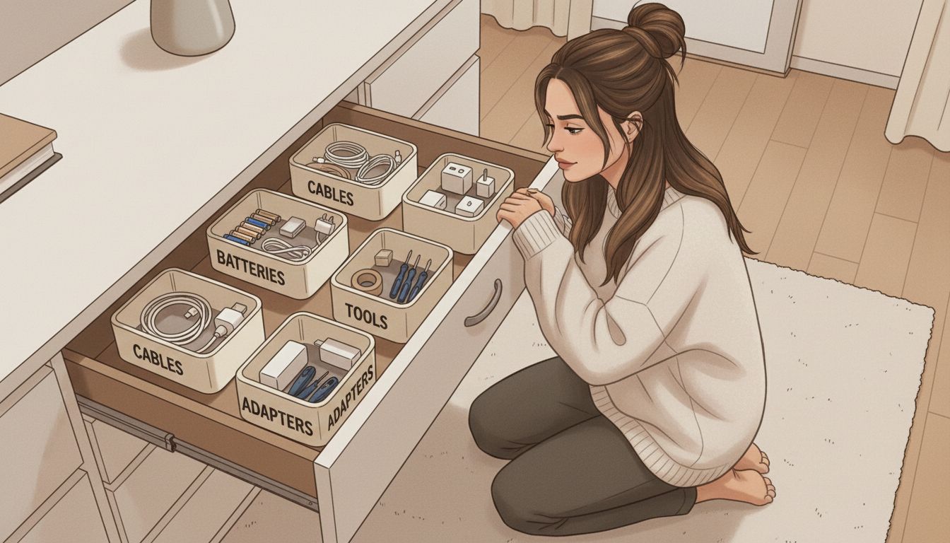 Organized drawer with labeled micro-category bins