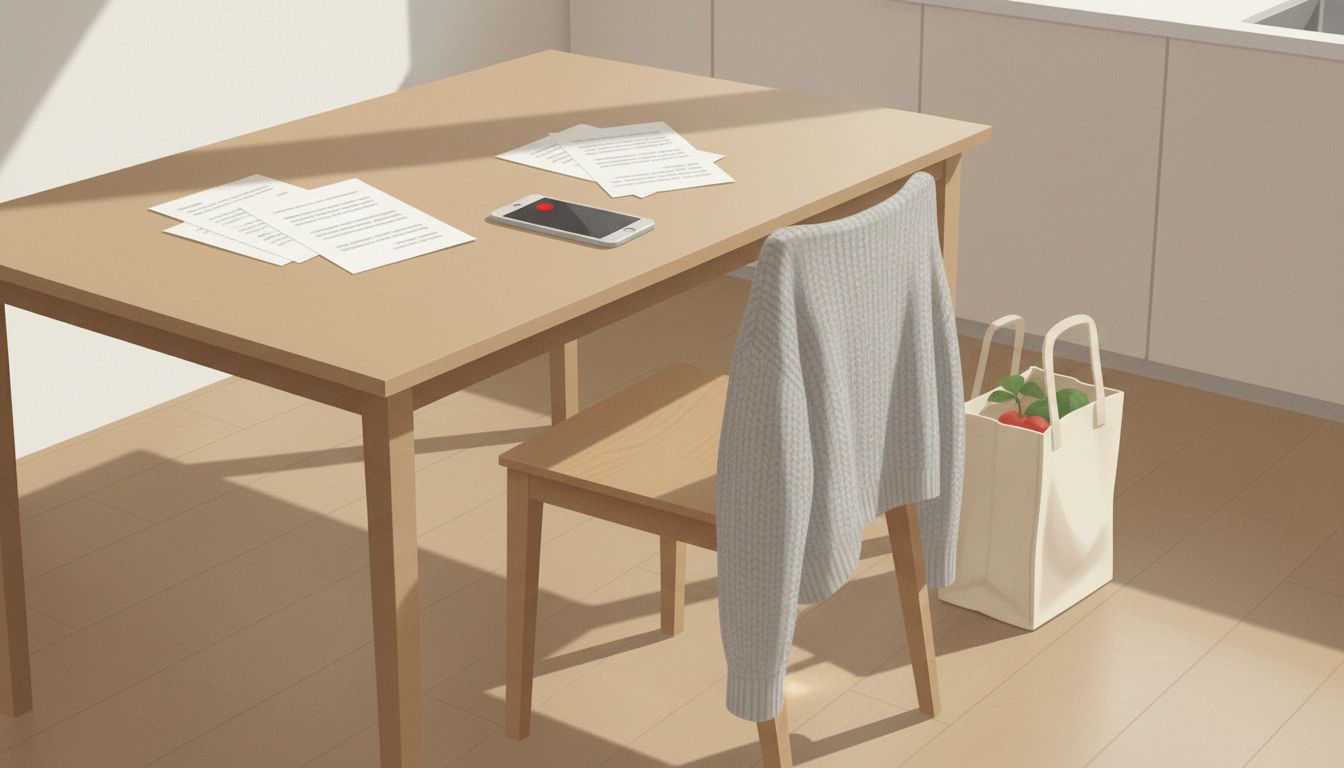 Kitchen counter with papers and mail pile