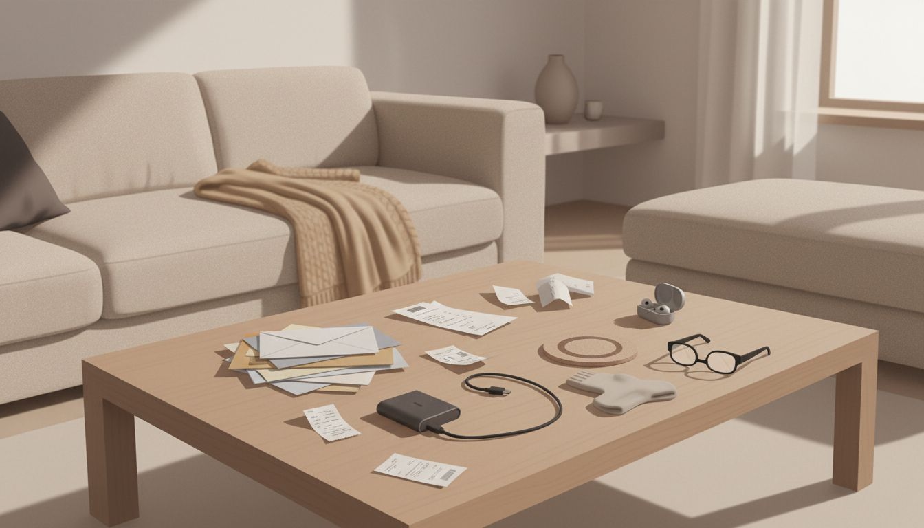 Cluttered living room surface with daily items