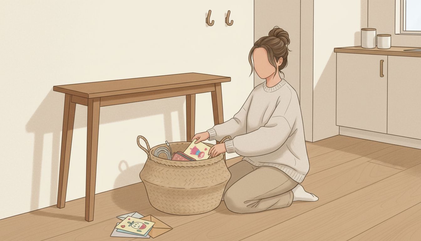 Simple home system with labeled bins and tray