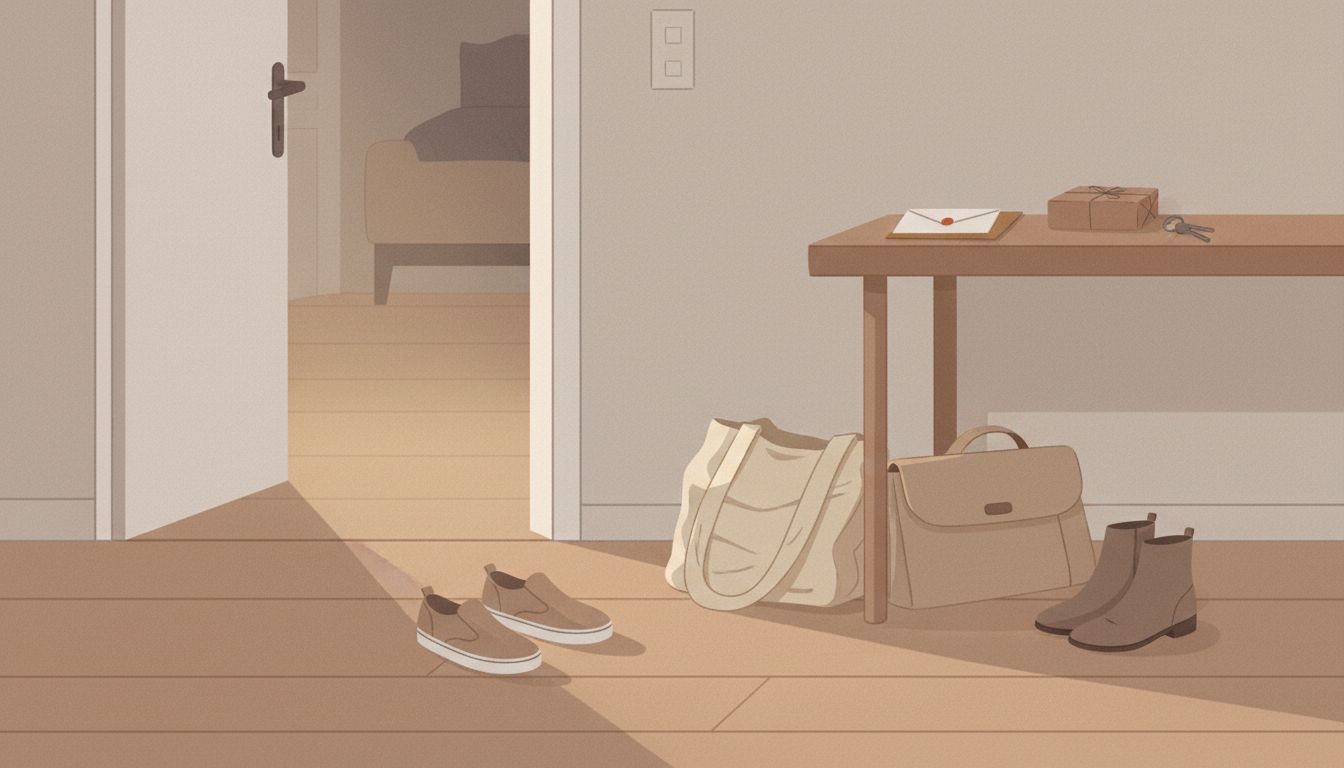 Cluttered entryway with bags and shoes