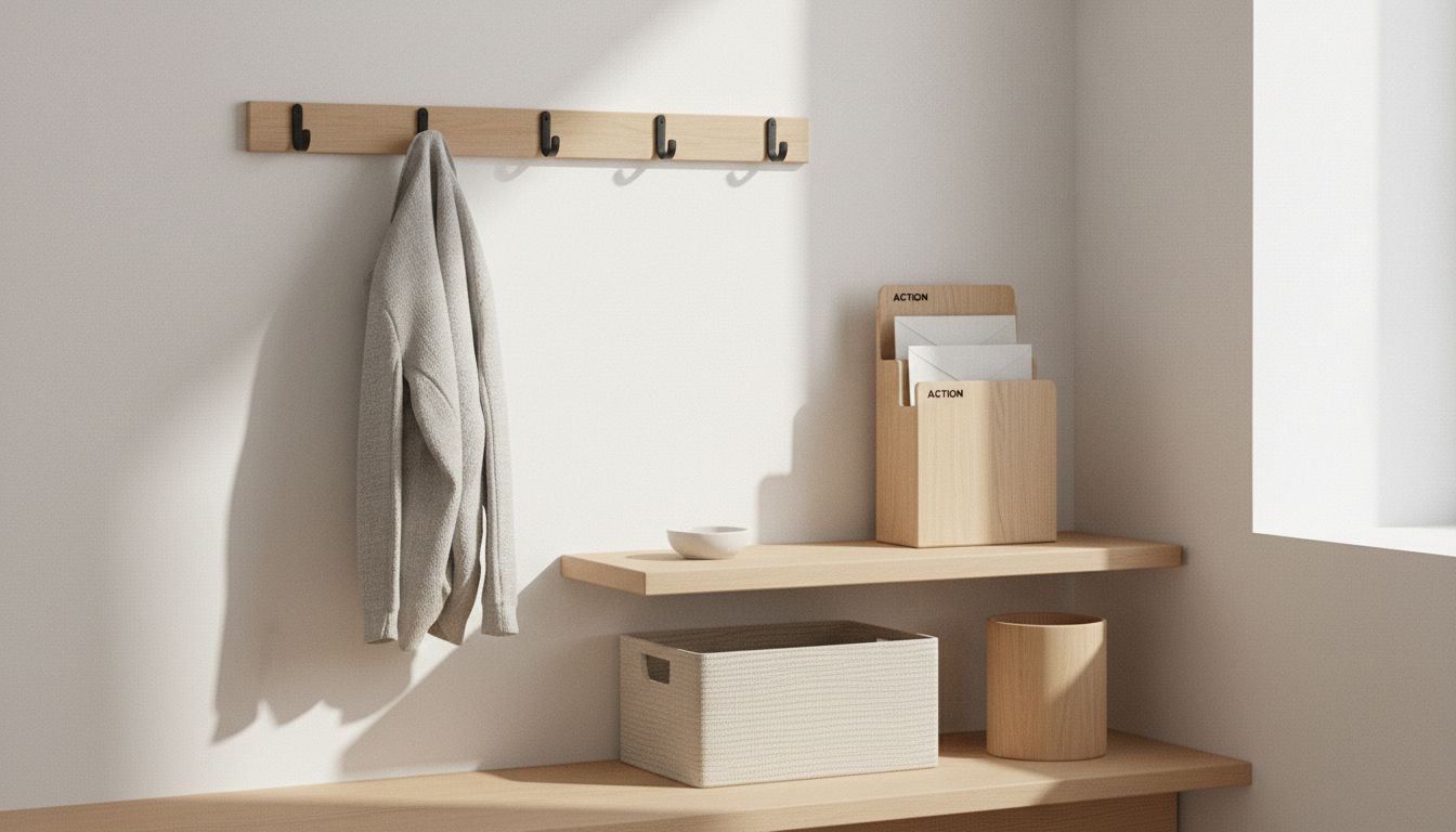 Simple entryway hooks tray and bag spot