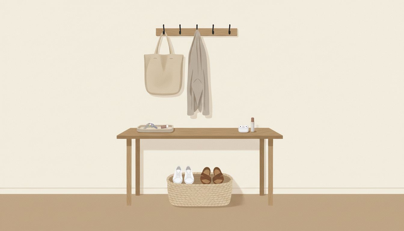 Cluttered home entryway with everyday items