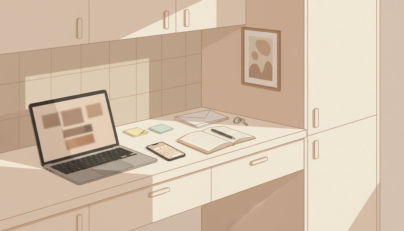 Messy desk with notes and laptop